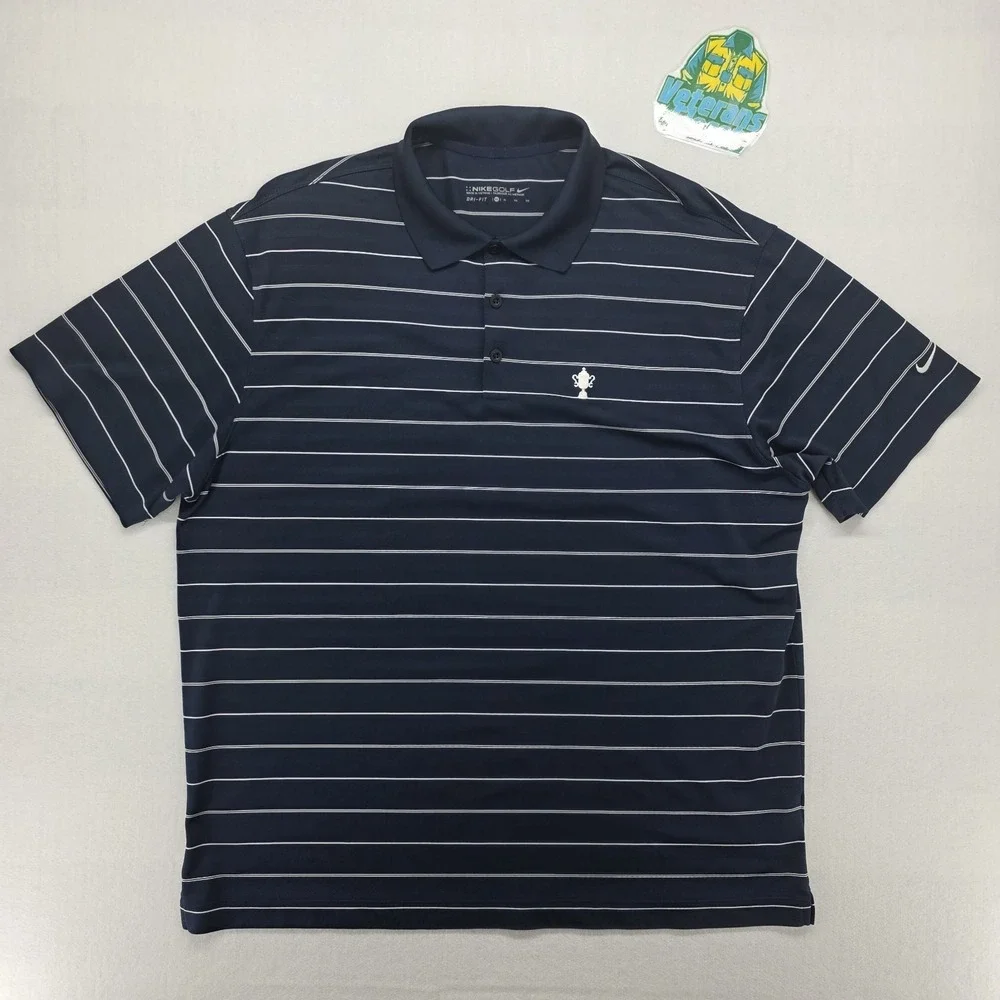 Nike Golf Polo Shirt Mens XL Navy Blue Striped Dri-Fit US Open Logo Performance